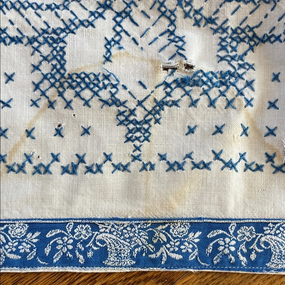 Embroidered Tablecloth Dresser Scarf Blue Cross Stitch Cutter Vintage
